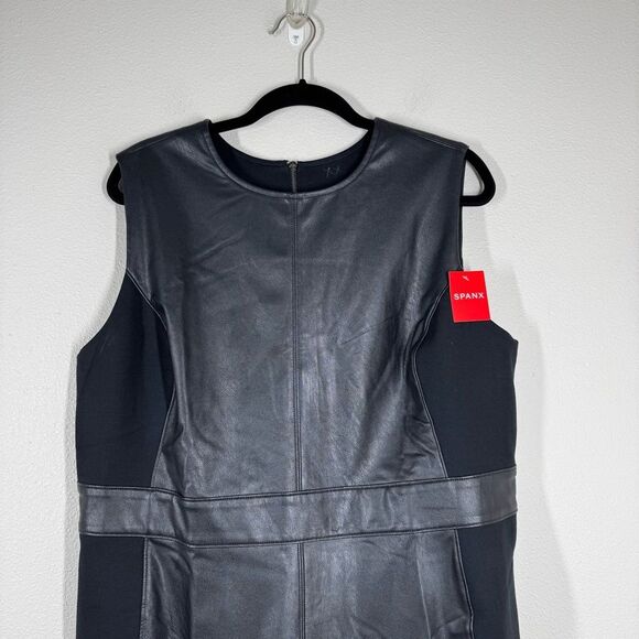Spanx Women's Luxe Black Faux Leather Ponte Combo Sheath Dress Plus Size 1X - Picture 2 of 10